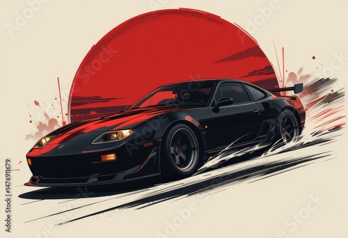 Black sports car racing with red sun backdrop in dynamic stylized artwork.