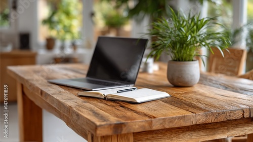 Laptop, notebook, and plant on wooden table