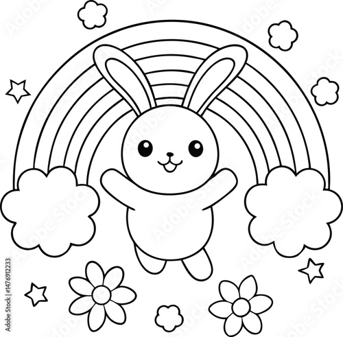 A Bunny Jumping Over A Rainbow With Clouds And Flowers Coloring Pages