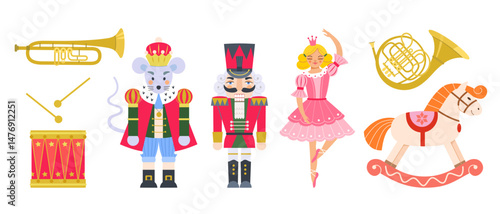 Fairy tale nutcracker set with ballerina, mouse King, toy soldier and orchestral instruments. Christmas Holiday Vector cute flat Illustration with rocking horse, drum, trumpet, french horn.