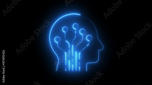 Glowing neon ai-brain icon isolated on black background. HD Video motion graphic animation icon artificial intelligence animation