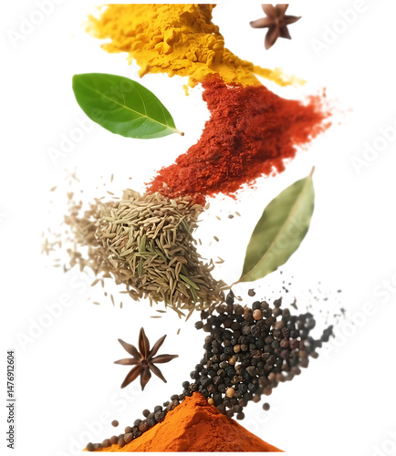 Fototapeta Naklejka Na Ścianę i Meble -  Vibrant Spice Cascade A Photograph Isolated on Transparent Background. Vibrant Spices Masala Falling PNG.