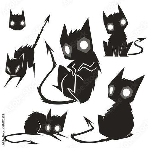 Dark Cartoon Devil Cat Character Set – Vector Illustration