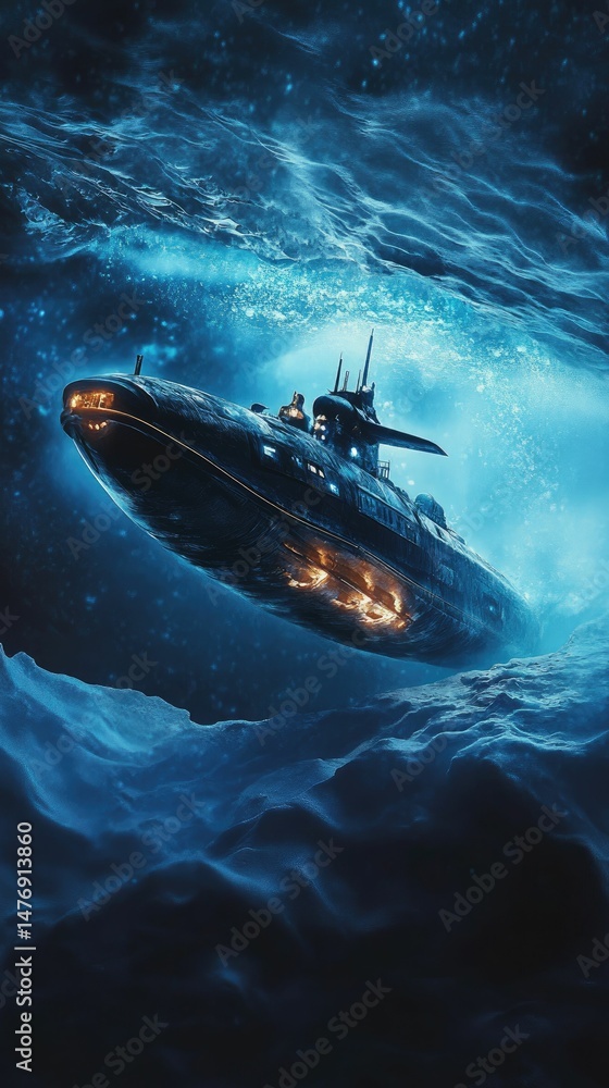 Fototapeta premium Submarine glides through dark, icy water.