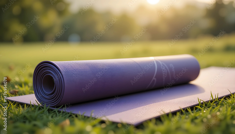Purple Yoga Mat on Green Grass at Sunset for Outdoor Fitness Purple Yoga Mat on Green Grass at Sunset for Outdoor Fitness