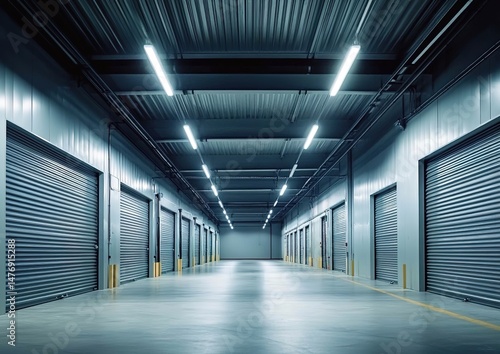 Wallpaper Mural Industrial warehouse with roller shutters, metal ceiling, square lights, and upper guardrail. Torontodigital.ca
