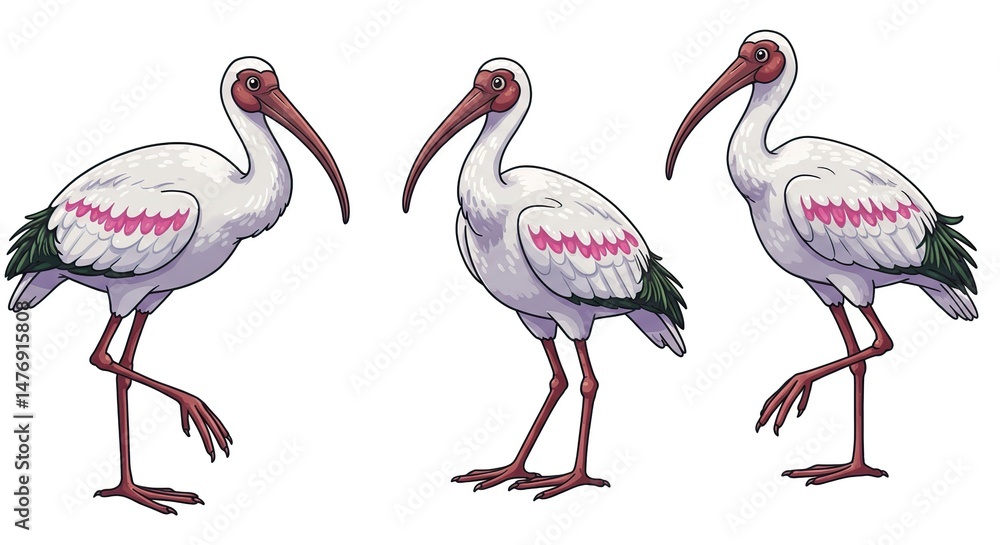 Fototapeta premium White Ibis Bird Illustrations Set in Three Poses
