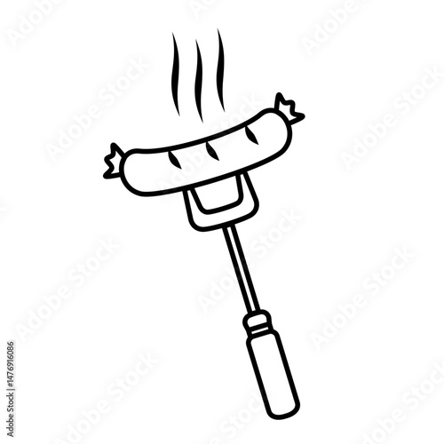 Grilled sausage on fork icon, flat style pictogram icon for ui or ux mobile app, vector illustration logo symbol design, isolated on white