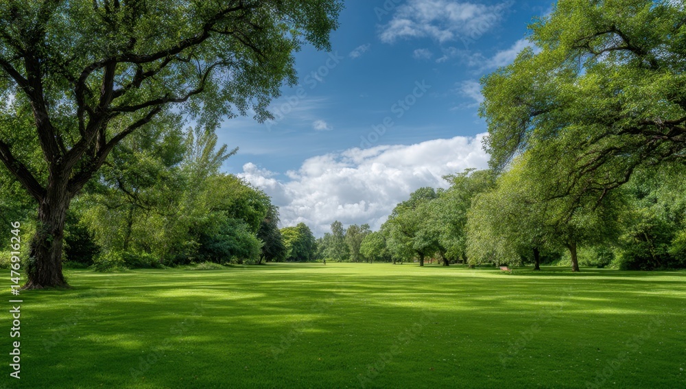 Green lawn under trees and cloudy sky Green lawn under trees and cloudy sky