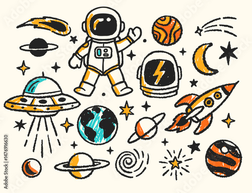 Hand-drawn space theme vector illustration set with UFOs, rockets, planets, stars, comets, and astronauts in a doodle art style.
