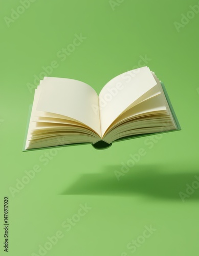 Open book with blank pages floating in mid-air on green background.