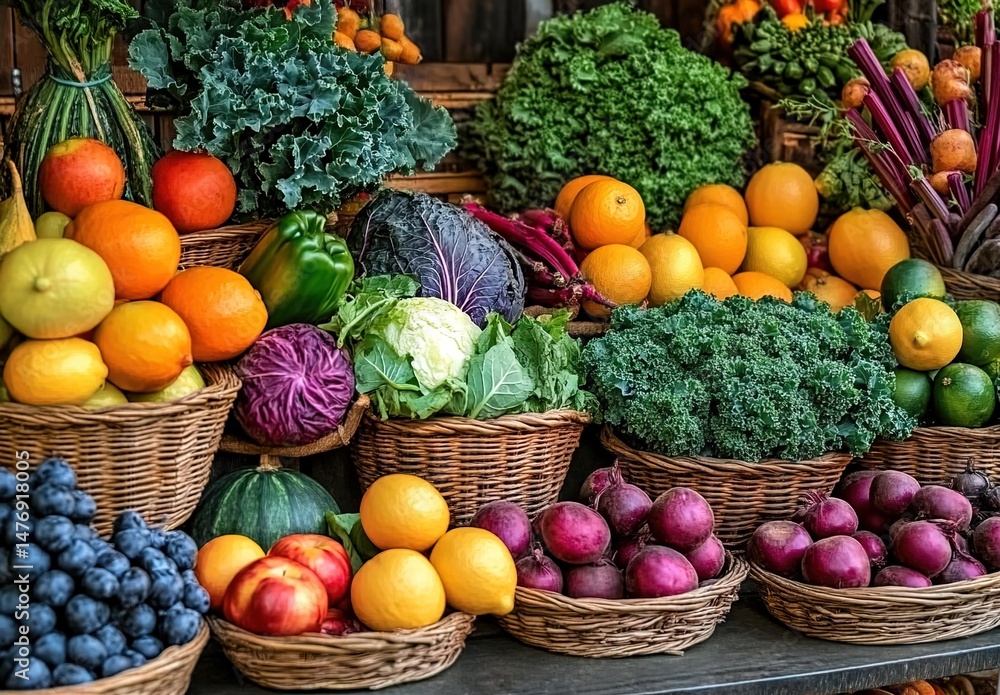 Fresh fruits and vegetables in wicker baskets, including kale, spinach, lemons, oranges, red bell peppers, blueberries, apples, and radishes. Fresh fruits and vegetables in wicker baskets, including kale, spinach, lemons, oranges, red bell peppers, blueberries, apples, and radishes.