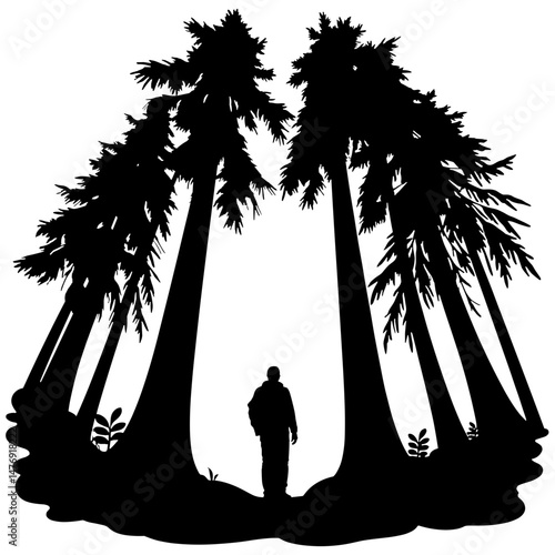 Silhouette of Traveler Contemplating Towering Redwood Trees, Concept of Nature and Wonder