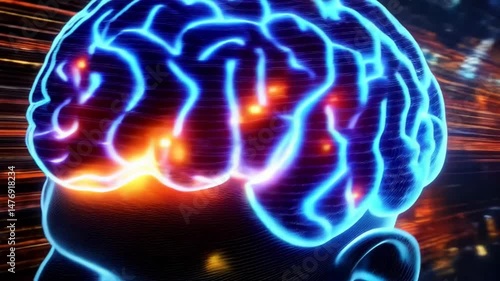 Digital human head with glowing brain activity and abstract light streaks for mental health, innovation, and technology concepts.