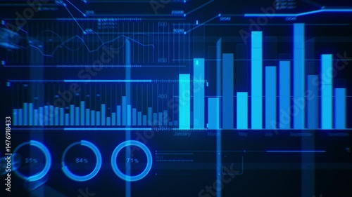 Business Design Elements Moving Through Loop 3d Animation. Blue Stock Market Charts, Diagrams, Graphs, Bars on Dark Background. Flying Inside Digital Data Seamless Illustration Financial Concept 4k.