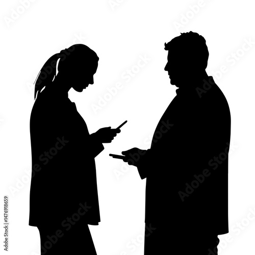 Silhouette of patient and provider using health app, white background, digital health integration, technology in healthcare
