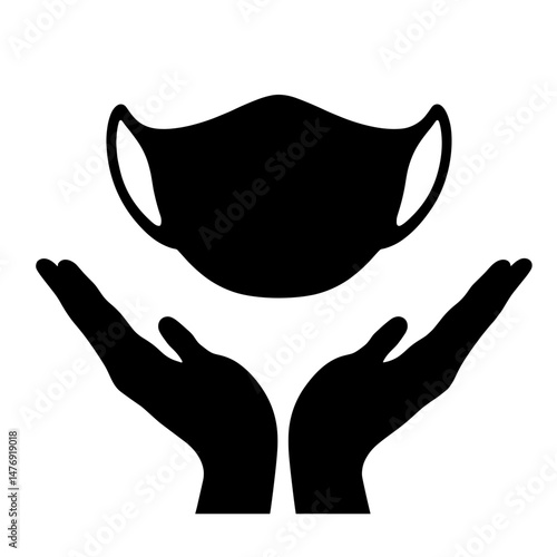 Silhouette of Protective Mask Floating Above Open Hands, Symbolizing Pandemic Preparedness and Safety