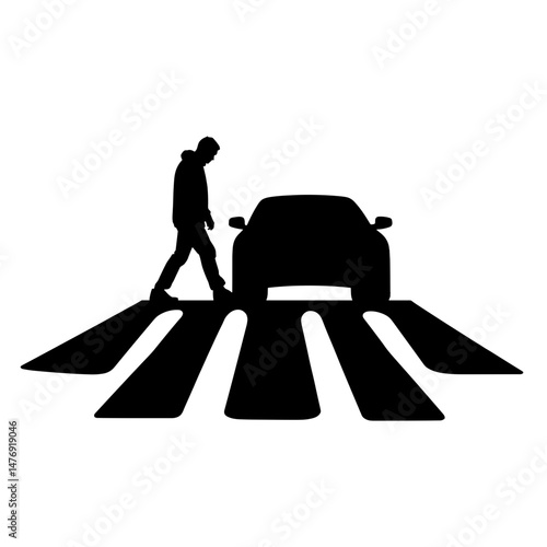 Silhouette of pedestrian near car in crosswalk, black and white traffic safety concept highlighting urban danger and vulnerability