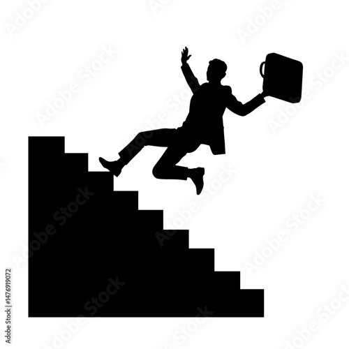 Silhouette of person falling down staircase with briefcase, indoor risk and workplace hazard