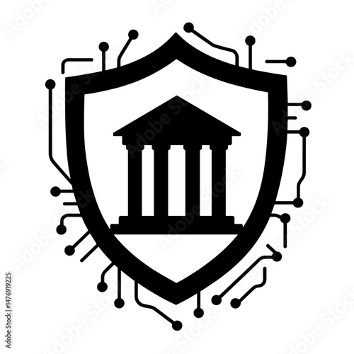 Bank Logo Silhouette Inside Shield with Circuit Lines, Black and White, Concept of Digital Security and Financial Tech