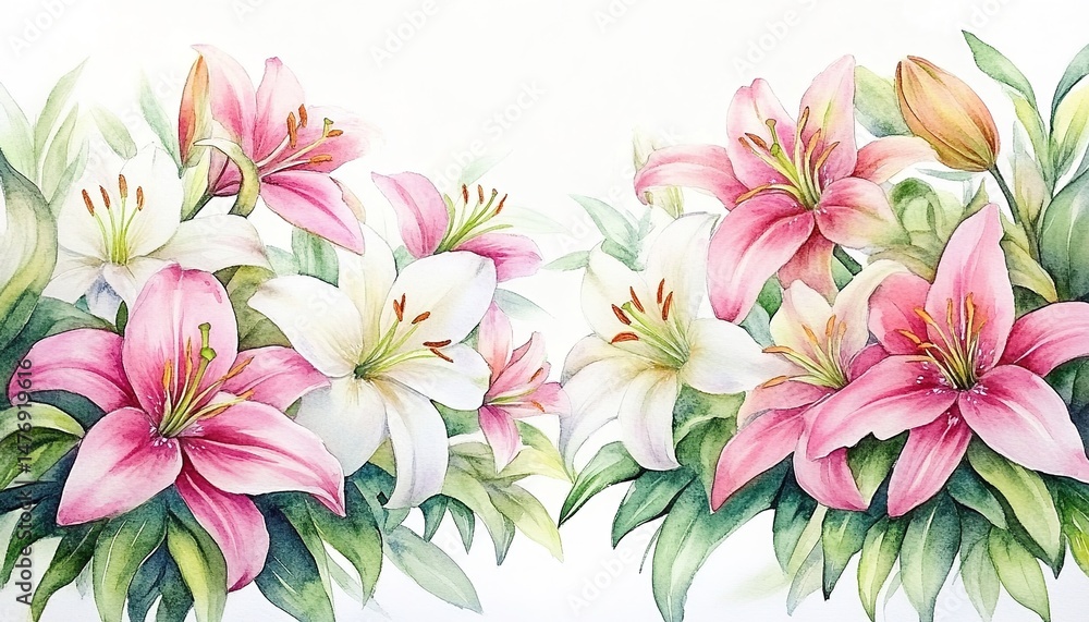 Fototapeta premium A watercolor-style illustration of lilies with a white background, featuring pink and white flowers and green leaves on both sides.