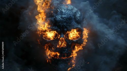 A skull made of fire and smoke on a black background . photo