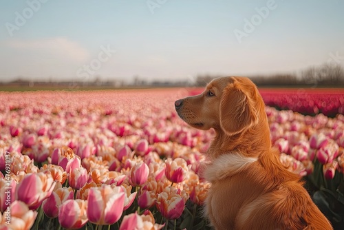 A golden retriever gazes thoughtfully amidst a vibrant tulip field in full bloom, capturing the serene beauty of nature with colorful flowers stretching into the horizon