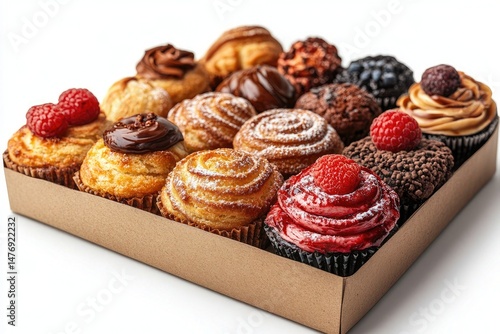 Wallpaper Mural Assorted cupcakes and pastries in a cardboard box, on white. Use this image for birthday parties and bakery advertisements. Torontodigital.ca