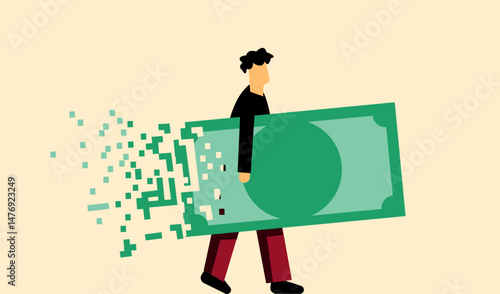 Man carrying money which is losing its value, money depreciation illustration