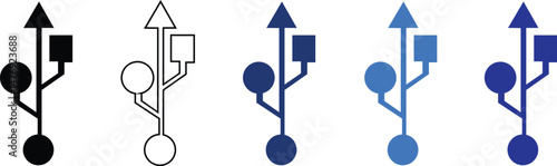 Usb icon or usb stick pictogram. A line is connected with a circle and on the other side circle, triangle and square, is the symbol that indicate a USB port or a USB device. Digital memory.