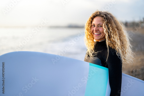 Photography Woman with surfing board at beach, sea and ocean for summer holiday, travel adventure or hobby