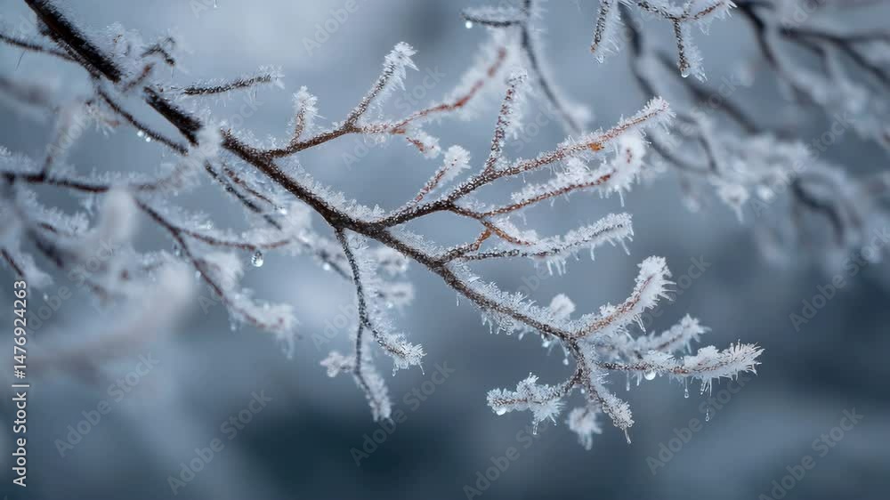 Ice crystals cover branch highlighting winter season and nature’s beauty Ice crystals cover branch highlighting winter season and nature’s beauty