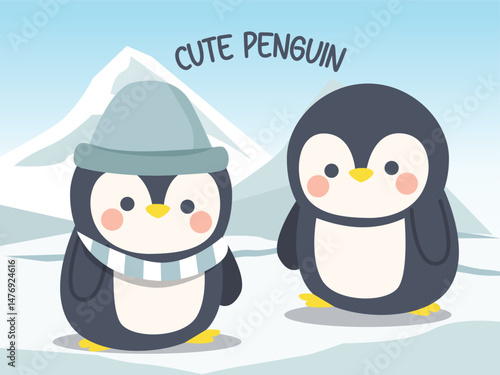 cute penguins are playing on the cold polar ice