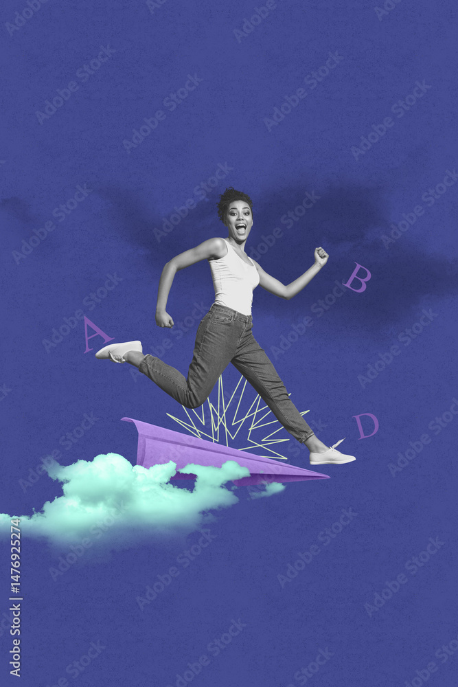 Obraz premium Collage of determined person stand on paper plane with flying letters and clouds representing study learning journey