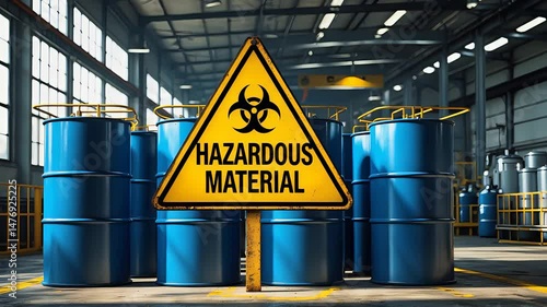 Hazardous material warning sign in industrial warehouse with blue barrels, caution alert, danger zone, toxic storage, safety notice, factory environment, yellow sign