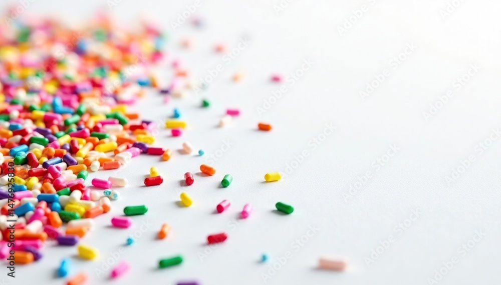 Vibrant rainbow colored sprinkles scattered on a white background , food, yummy, rainbow sprinkles Vibrant rainbow colored sprinkles scattered on a white background , food, yummy, rainbow sprinkles