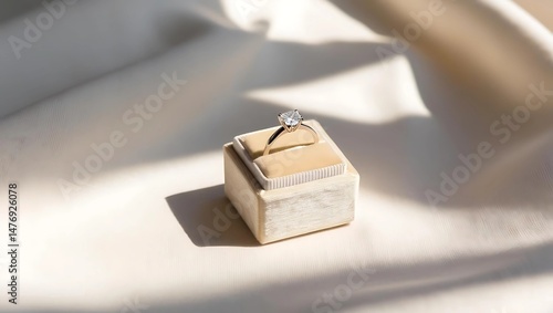 Small Beige Velvet Ring Box Holding a Delicate Solitaire Engagement Ring on Smooth Linen Surface in Soft Diffused Lighting

