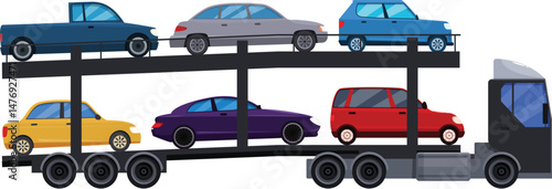 Car carrier truck is transporting cars on a two level trailer