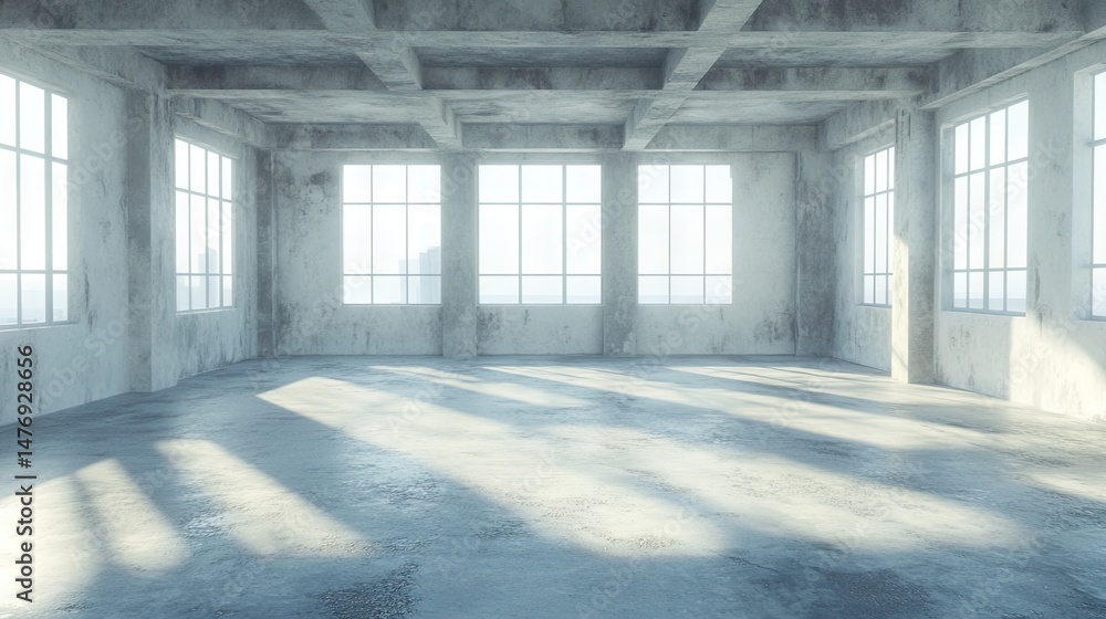 Empty, light-filled loft space with large windows. Empty, light-filled loft space with large windows.