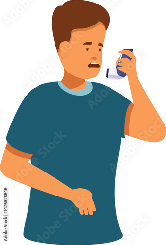 Worried man using asthma inhaler during breathing problem or asthma attack