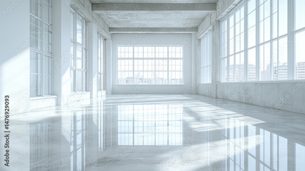 Fototapeta premium Spacious, bright loft interior with large windows.