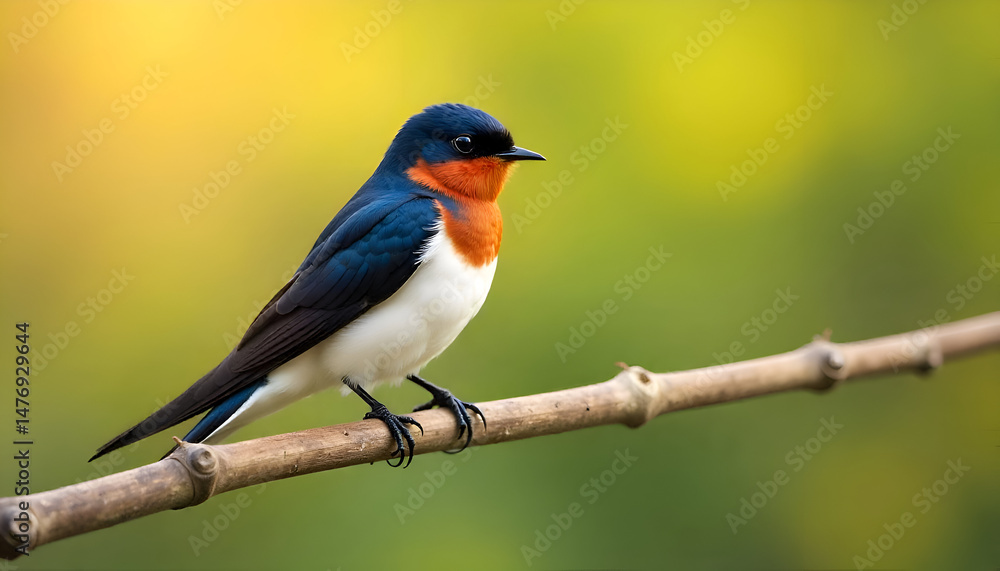 A close-up, realistic illustration of a Barn Swallow (Hirundo rustica) perched gracefully on a beautiful natural branch, A close-up, realistic illustration of a Barn Swallow (Hirundo rustica) perched gracefully on a beautiful natural branch,