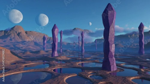 Surreal alien landscape with strange rock formations and moons. Evokes fantasy and sci-fi.