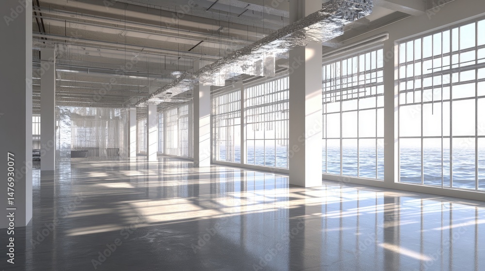 Obraz premium Empty industrial space with expansive windows.