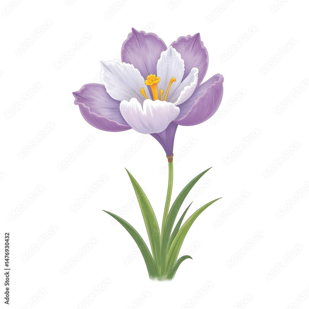 Fototapeta premium Illustration of a Crocus Flower with Purple and White Petals