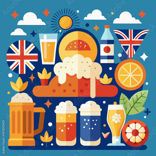 Beer Day Britain Vector Set – Pint Glasses, British Flags, Pub Scenes, Toasts, Hops, Food Pairings, Festive Illustrations for Events & Promotions