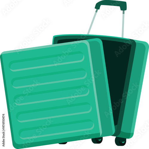 Modern opened turquoise suitcase on wheels is ready for packing personal belongings for summer vacation