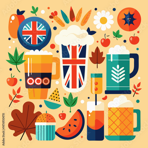 Beer Day Britain Vector Set – Pint Glasses, British Flags, Pub Scenes, Toasts, Hops, Food Pairings, Festive Illustrations for Events & Promotions