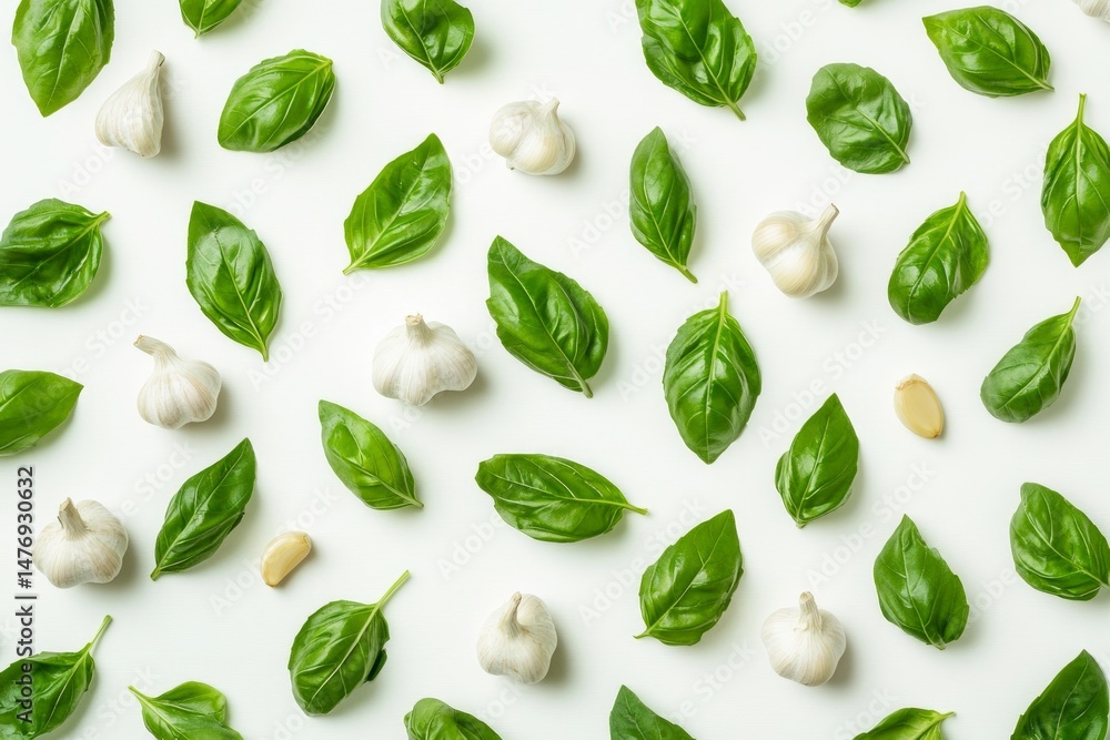 Basil Leaves and Garlic Bulbs Arranged on a White Background in Overhead Flat Lay with Natural Lighting for Culinary Herb Ingredient Themed Still Life Food Photography Basil Leaves and Garlic Bulbs Arranged on a White Background in Overhead Flat Lay with Natural Lighting for Culinary Herb Ingredient Themed Still Life Food Photography