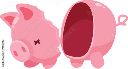 Broken piggy bank is lying on its side, revealing its empty inside, symbolizing financial struggles and economic hardship